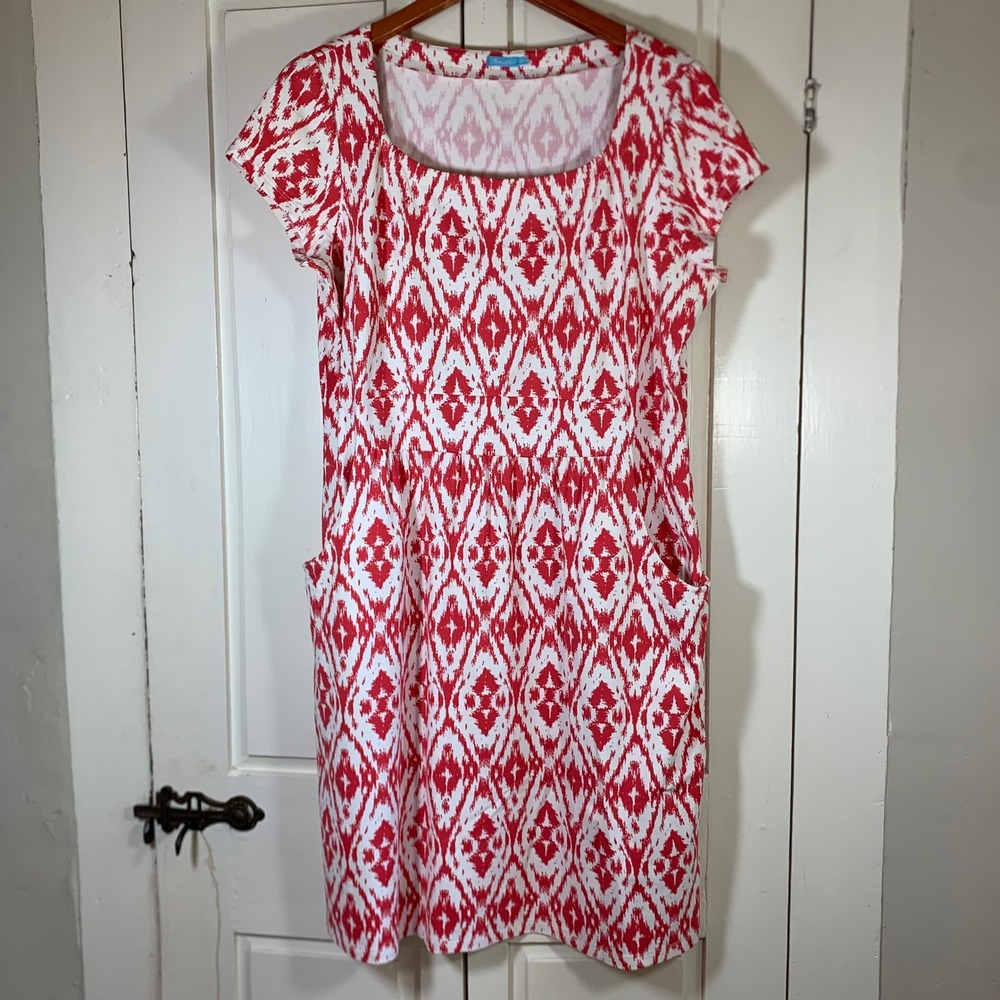 J.McLaughlin Womens XL Red White Ikat Diamond Print Short Sleeve Pocket Dress
